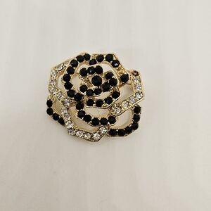 Rose Brooch Pin Black Clear Rhinestones Crystals Open Work Multilayer